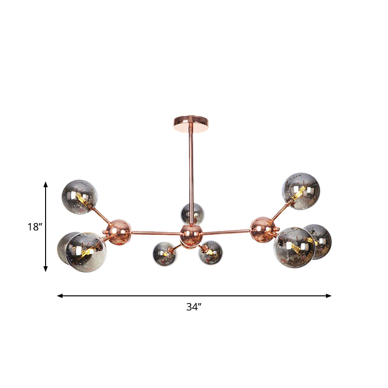 Vintage Copper Chandelier with Clear/Amber Glass Orb Shades - 3/9/12 Lights, Branch Design - 13"/27.5"/34" W