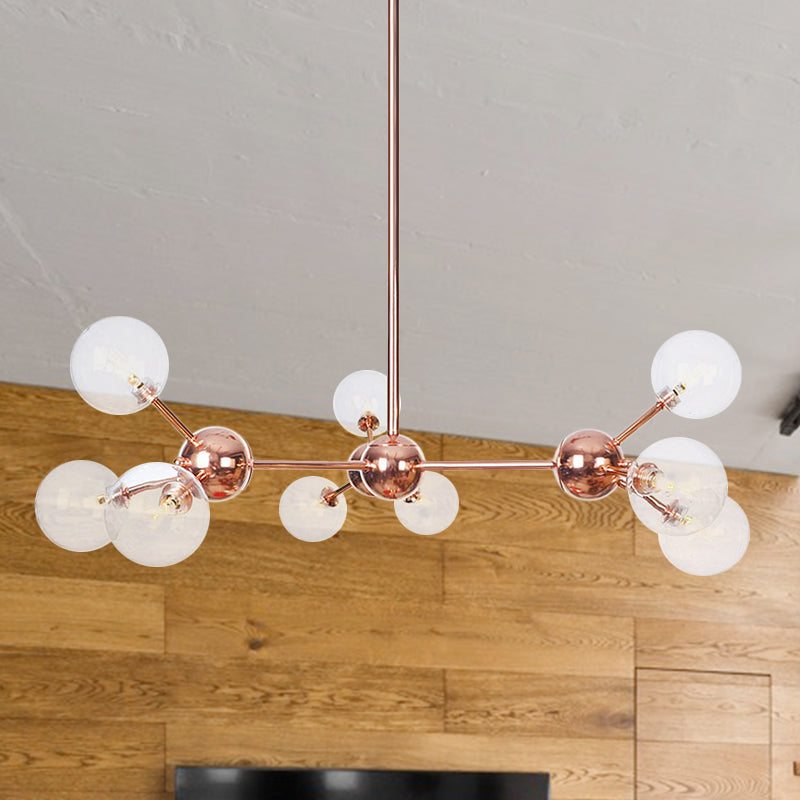 Vintage Copper Chandelier with Clear/Amber Glass Orb Shades - 3/9/12 Lights, Branch Design - 13"/27.5"/34" W