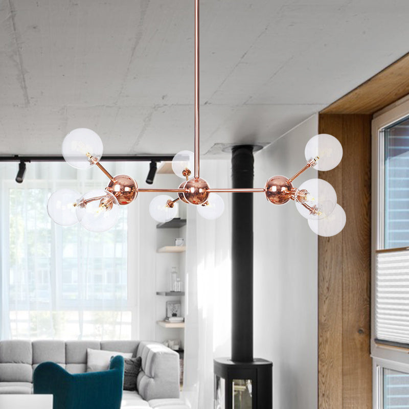 Vintage Copper Chandelier with Clear/Amber Glass Orb Shades - 3/9/12 Lights, Branch Design - 13"/27.5"/34" W