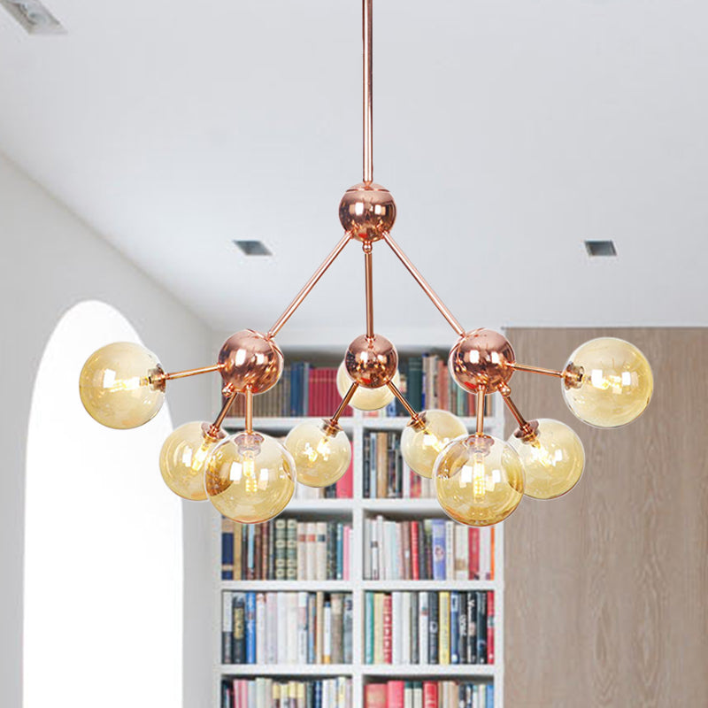 Vintage Copper Chandelier with Clear/Amber Glass Orb Shades - 3/9/12 Lights, Branch Design - 13"/27.5"/34" W