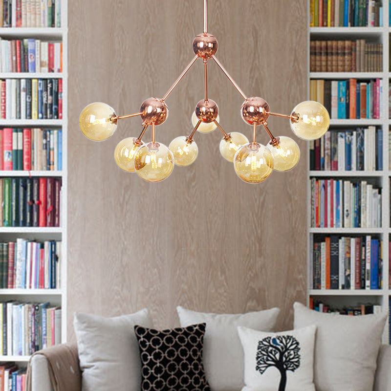 Vintage Copper Chandelier with Clear/Amber Glass Orb Shades - 3/9/12 Lights, Branch Design - 13"/27.5"/34" W