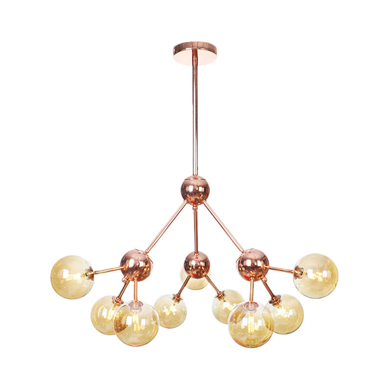 Vintage Copper Chandelier with Clear/Amber Glass Orb Shades - 3/9/12 Lights, Branch Design - 13"/27.5"/34" W