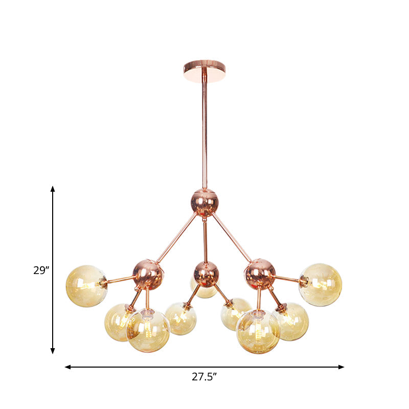 Vintage Copper Chandelier with Clear/Amber Glass Orb Shades - 3/9/12 Lights, Branch Design - 13"/27.5"/34" W