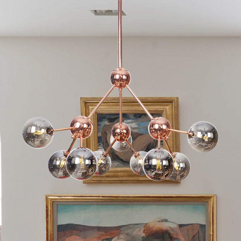 Vintage Copper Chandelier with Clear/Amber Glass Orb Shades - 3/9/12 Lights, Branch Design - 13"/27.5"/34" W