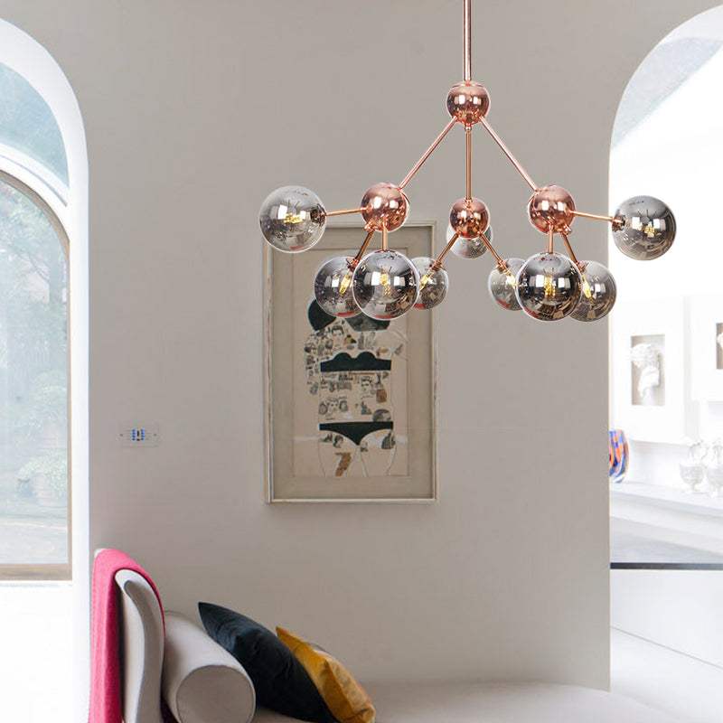 Vintage Copper Chandelier with Clear/Amber Glass Orb Shades - 3/9/12 Lights, Branch Design - 13"/27.5"/34" W