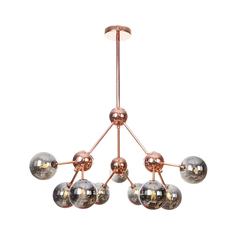 Vintage Copper Chandelier with Clear/Amber Glass Orb Shades - 3/9/12 Lights, Branch Design - 13"/27.5"/34" W