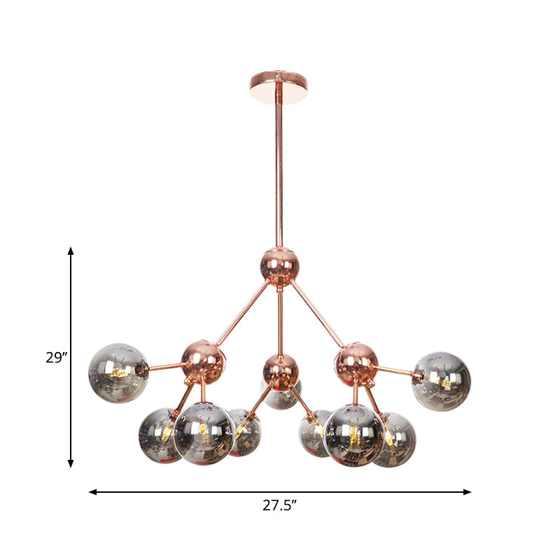 Vintage Copper Chandelier with Clear/Amber Glass Orb Shades - 3/9/12 Lights, Branch Design - 13"/27.5"/34" W