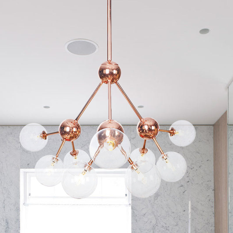 Vintage Copper Chandelier with Clear/Amber Glass Orb Shades - 3/9/12 Lights, Branch Design - 13"/27.5"/34" W