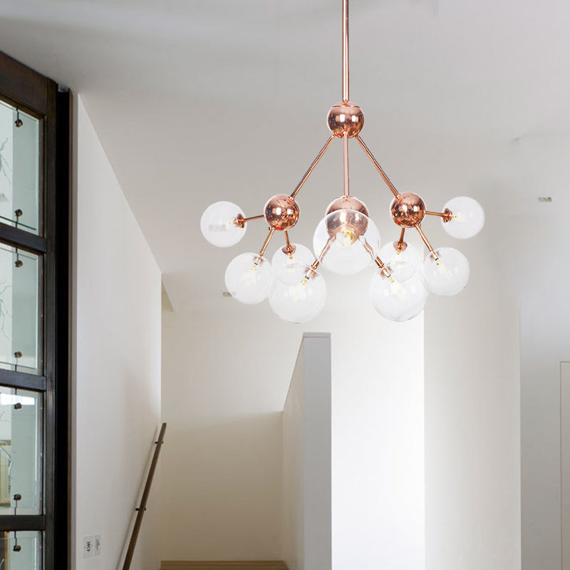 Vintage Copper Chandelier with Clear/Amber Glass Orb Shades - 3/9/12 Lights, Branch Design - 13"/27.5"/34" W