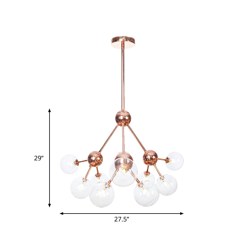 Vintage Copper Chandelier with Clear/Amber Glass Orb Shades - 3/9/12 Lights, Branch Design - 13"/27.5"/34" W