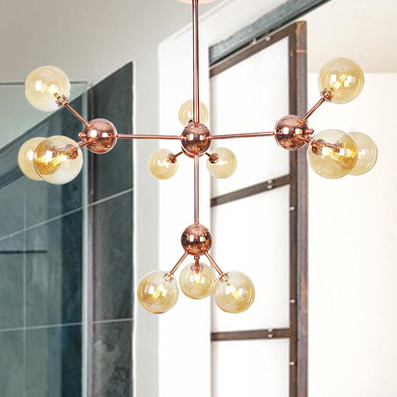 Vintage Copper Chandelier with Clear/Amber Glass Orb Shades - 3/9/12 Lights, Branch Design - 13"/27.5"/34" W