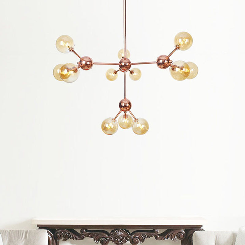 Vintage Copper Chandelier with Clear/Amber Glass Orb Shades - 3/9/12 Lights, Branch Design - 13"/27.5"/34" W