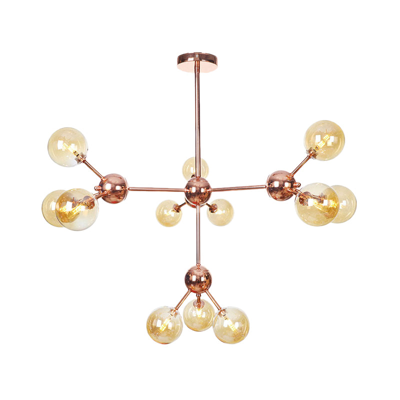 Vintage Copper Chandelier with Clear/Amber Glass Orb Shades - 3/9/12 Lights, Branch Design - 13"/27.5"/34" W