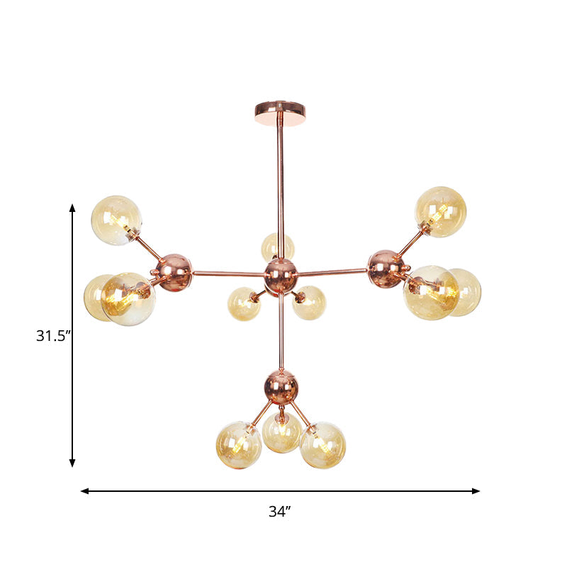 Vintage Copper Chandelier with Clear/Amber Glass Orb Shades - 3/9/12 Lights, Branch Design - 13"/27.5"/34" W