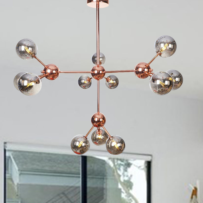Vintage Copper Chandelier with Clear/Amber Glass Orb Shades - 3/9/12 Lights, Branch Design - 13"/27.5"/34" W