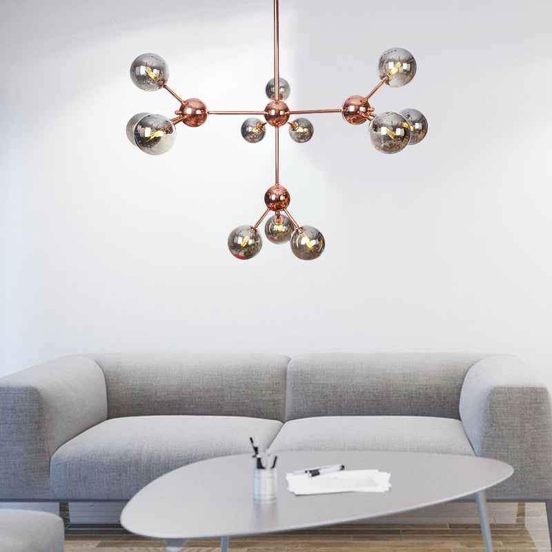 Vintage Copper Chandelier with Clear/Amber Glass Orb Shades - 3/9/12 Lights, Branch Design - 13"/27.5"/34" W