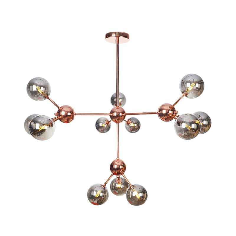 Vintage Copper Chandelier with Clear/Amber Glass Orb Shades - 3/9/12 Lights, Branch Design - 13"/27.5"/34" W