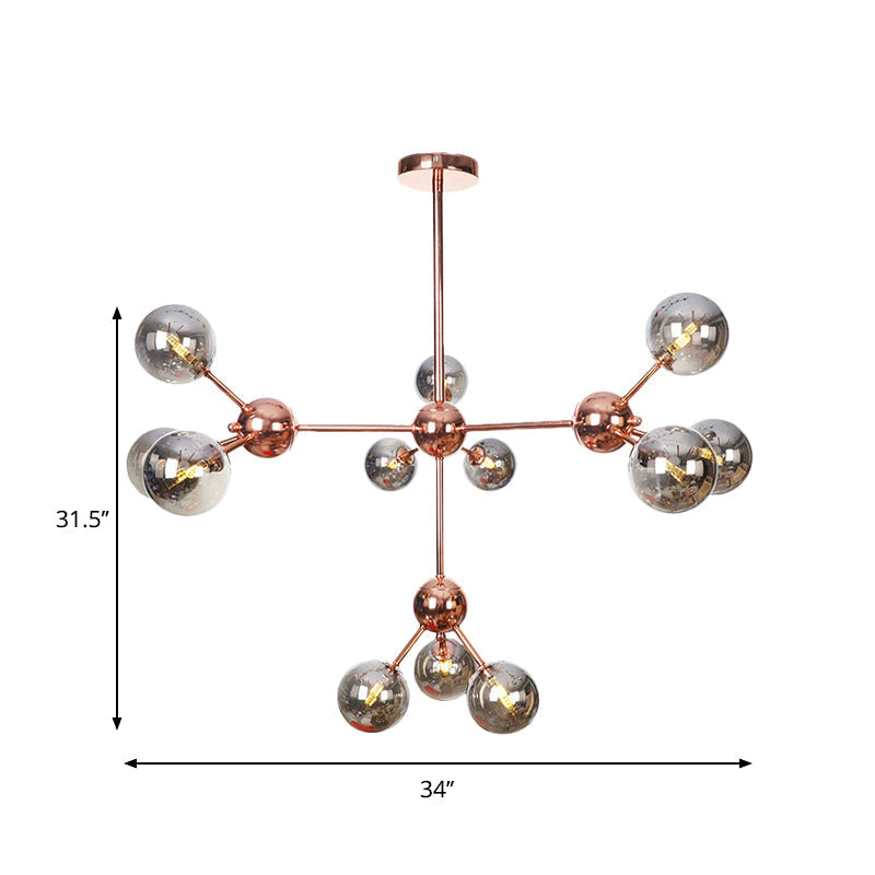 Vintage Copper Chandelier with Clear/Amber Glass Orb Shades - 3/9/12 Lights, Branch Design - 13"/27.5"/34" W
