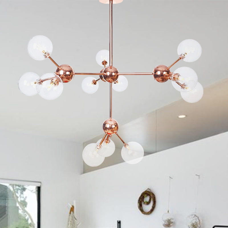 Vintage Copper Chandelier with Clear/Amber Glass Orb Shades - 3/9/12 Lights, Branch Design - 13"/27.5"/34" W