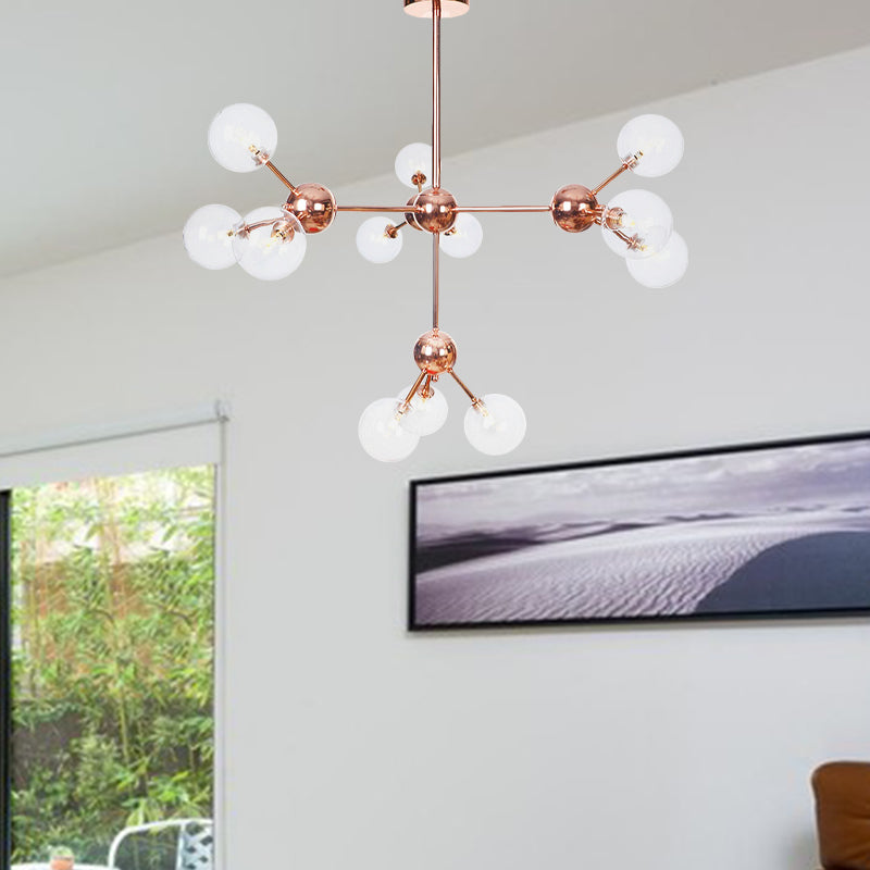 Vintage Copper Chandelier with Clear/Amber Glass Orb Shades - 3/9/12 Lights, Branch Design - 13"/27.5"/34" W
