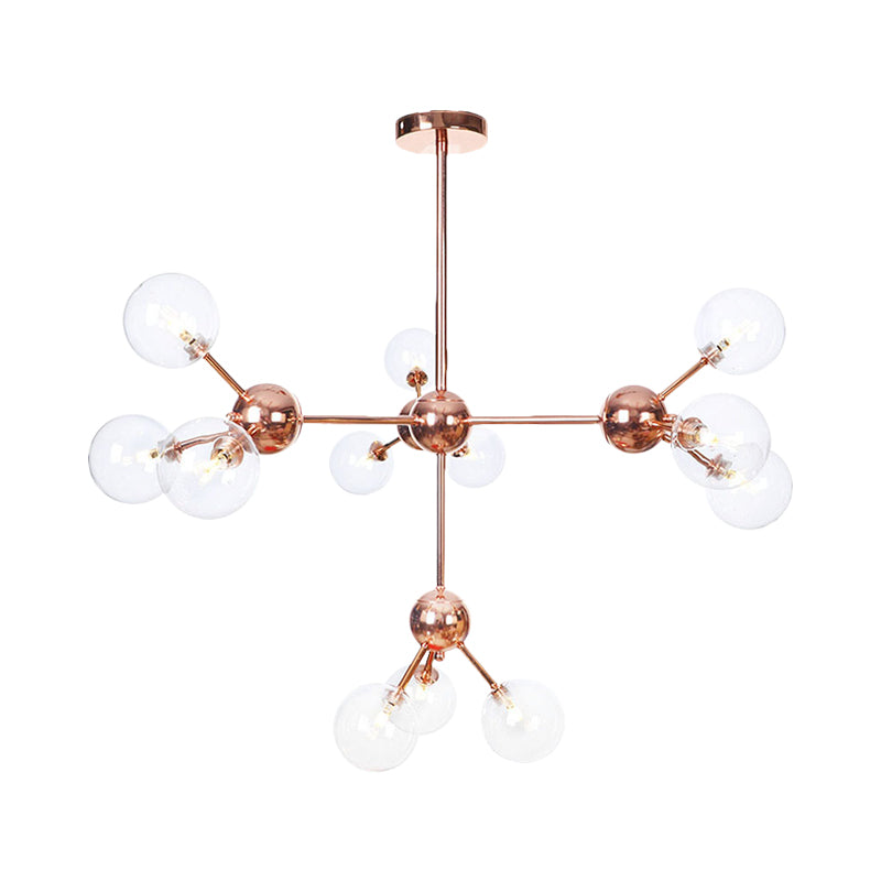Vintage Copper Chandelier with Clear/Amber Glass Orb Shades - 3/9/12 Lights, Branch Design - 13"/27.5"/34" W