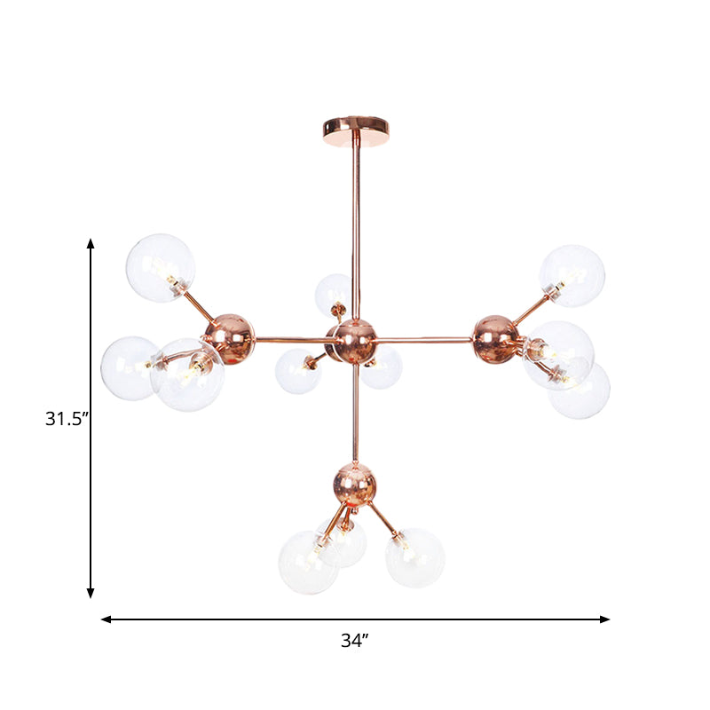 Vintage Copper Chandelier with Clear/Amber Glass Orb Shades - 3/9/12 Lights, Branch Design - 13"/27.5"/34" W