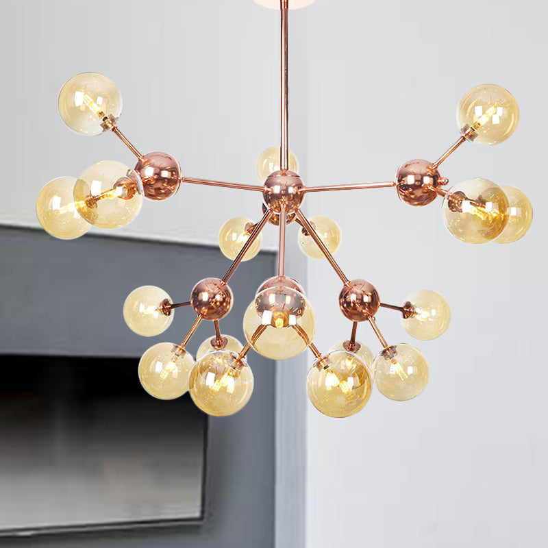 Vintage Copper Chandelier with Clear/Amber Glass Orb Shades - 3/9/12 Lights, Branch Design - 13"/27.5"/34" W