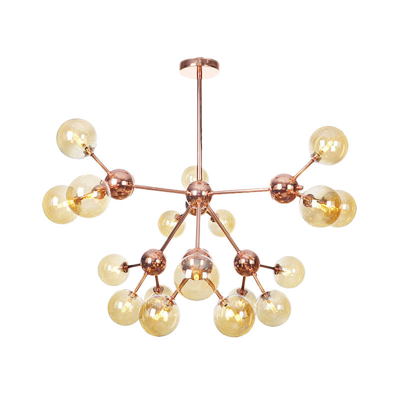 Vintage Copper Chandelier with Clear/Amber Glass Orb Shades - 3/9/12 Lights, Branch Design - 13"/27.5"/34" W
