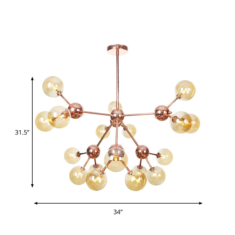 Vintage Copper Chandelier with Clear/Amber Glass Orb Shades - 3/9/12 Lights, Branch Design - 13"/27.5"/34" W