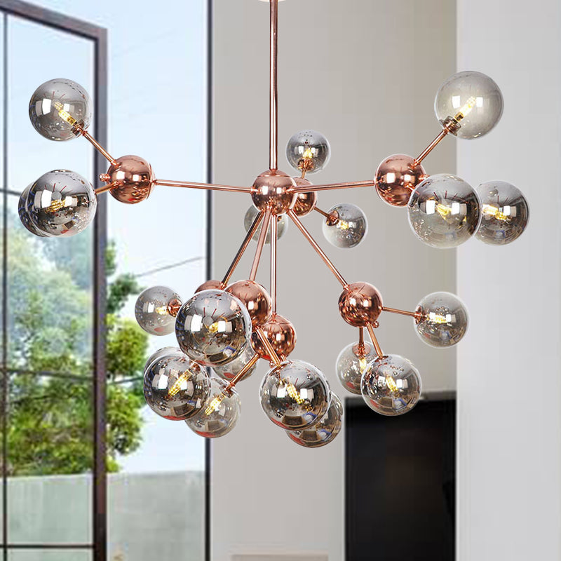 Vintage Copper Chandelier with Clear/Amber Glass Orb Shades - 3/9/12 Lights, Branch Design - 13"/27.5"/34" W