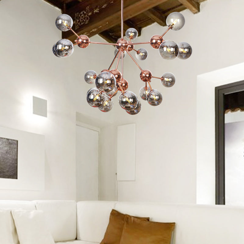 Vintage Copper Chandelier with Clear/Amber Glass Orb Shades - 3/9/12 Lights, Branch Design - 13"/27.5"/34" W