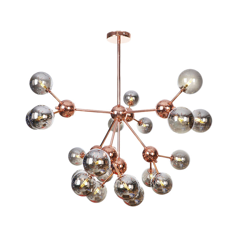 Vintage Copper Chandelier with Clear/Amber Glass Orb Shades - 3/9/12 Lights, Branch Design - 13"/27.5"/34" W