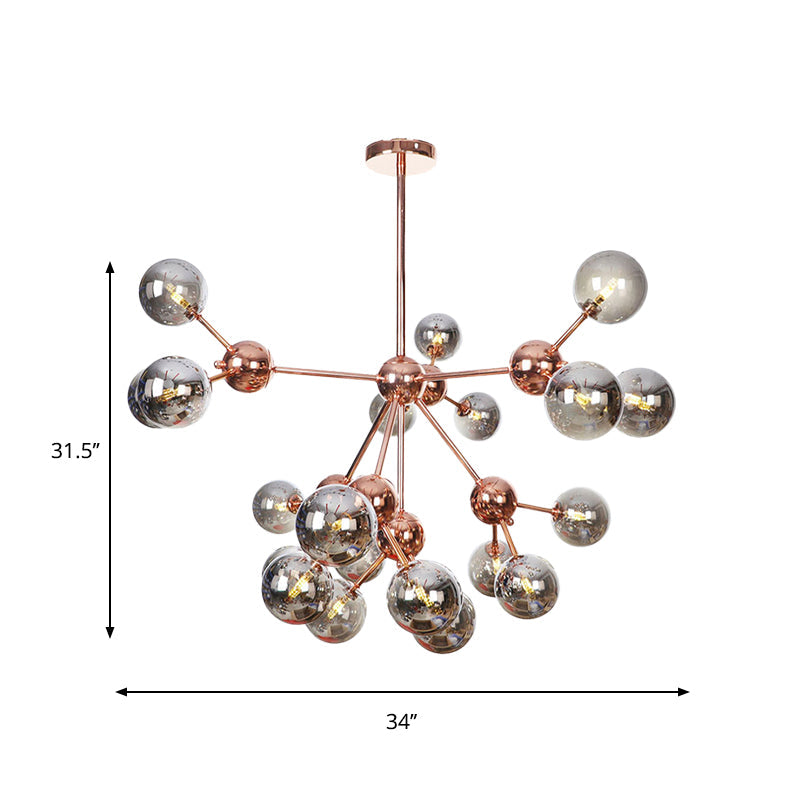 Vintage Copper Chandelier with Clear/Amber Glass Orb Shades - 3/9/12 Lights, Branch Design - 13"/27.5"/34" W
