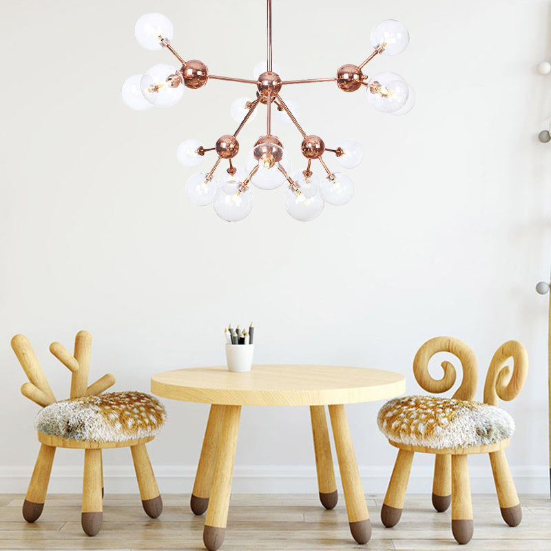 Vintage Copper Chandelier with Clear/Amber Glass Orb Shades - 3/9/12 Lights, Branch Design - 13"/27.5"/34" W
