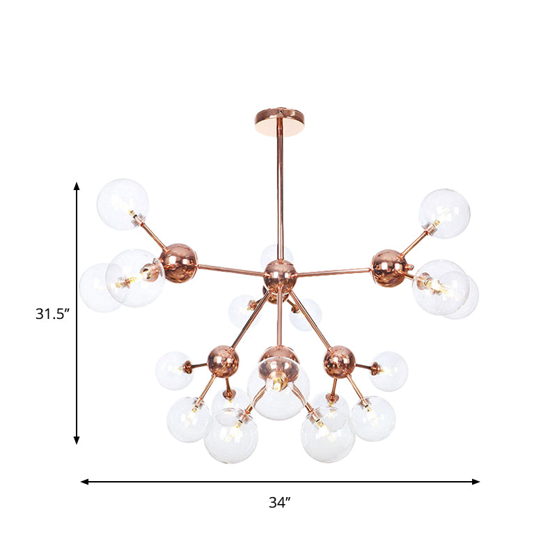 Vintage Copper Chandelier with Clear/Amber Glass Orb Shades - 3/9/12 Lights, Branch Design - 13"/27.5"/34" W