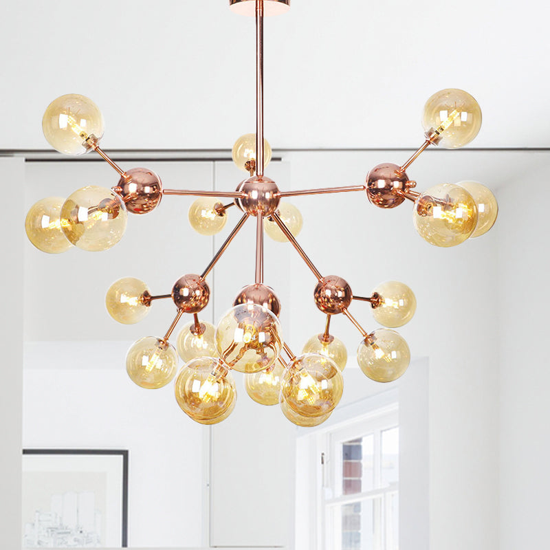 Vintage Copper Chandelier with Clear/Amber Glass Orb Shades - 3/9/12 Lights, Branch Design - 13"/27.5"/34" W