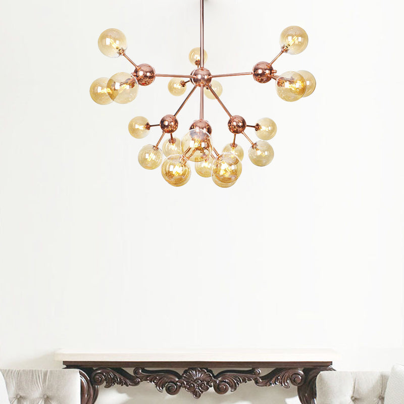 Vintage Copper Chandelier with Clear/Amber Glass Orb Shades - 3/9/12 Lights, Branch Design - 13"/27.5"/34" W