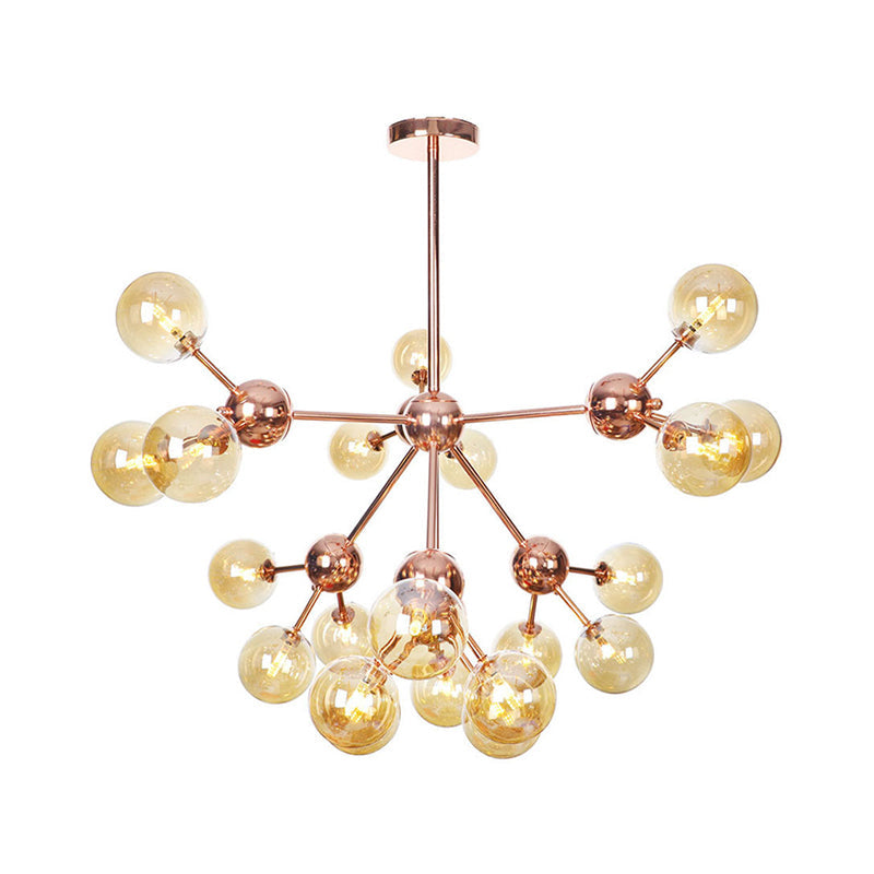 Vintage Copper Chandelier with Clear/Amber Glass Orb Shades - 3/9/12 Lights, Branch Design - 13"/27.5"/34" W