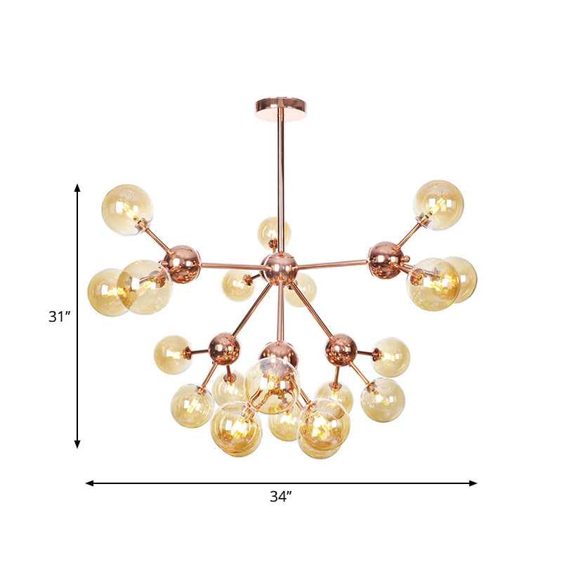 Vintage Copper Chandelier with Clear/Amber Glass Orb Shades - 3/9/12 Lights, Branch Design - 13"/27.5"/34" W