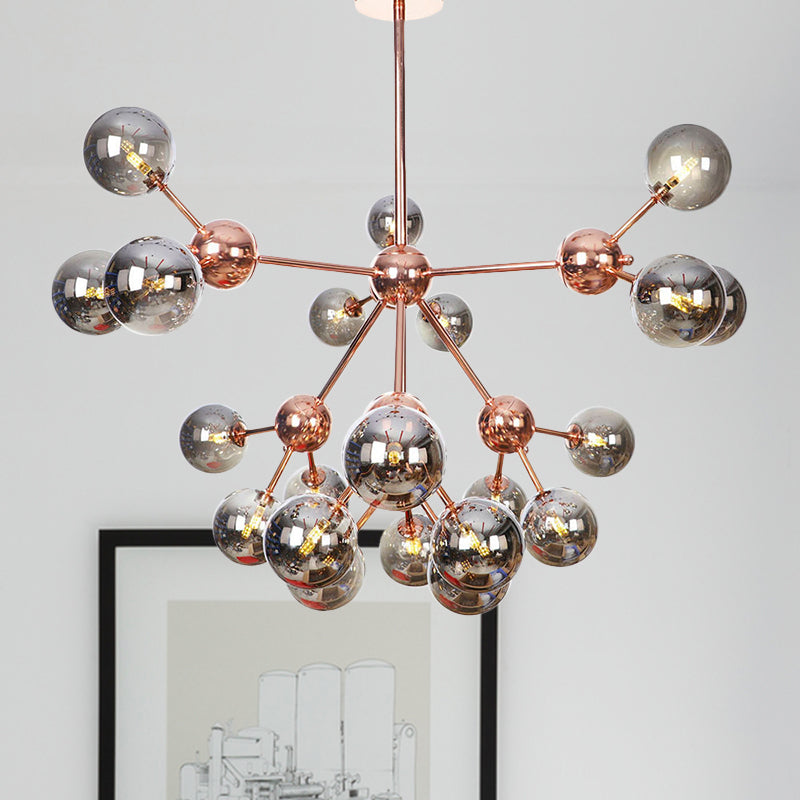 Vintage Copper Chandelier with Clear/Amber Glass Orb Shades - 3/9/12 Lights, Branch Design - 13"/27.5"/34" W