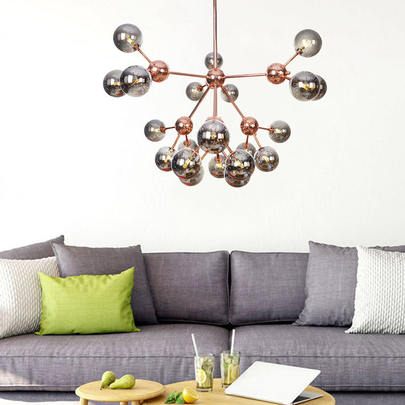 Vintage Copper Chandelier with Clear/Amber Glass Orb Shades - 3/9/12 Lights, Branch Design - 13"/27.5"/34" W