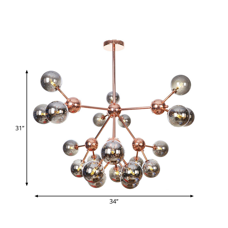 Vintage Copper Chandelier with Clear/Amber Glass Orb Shades - 3/9/12 Lights, Branch Design - 13"/27.5"/34" W