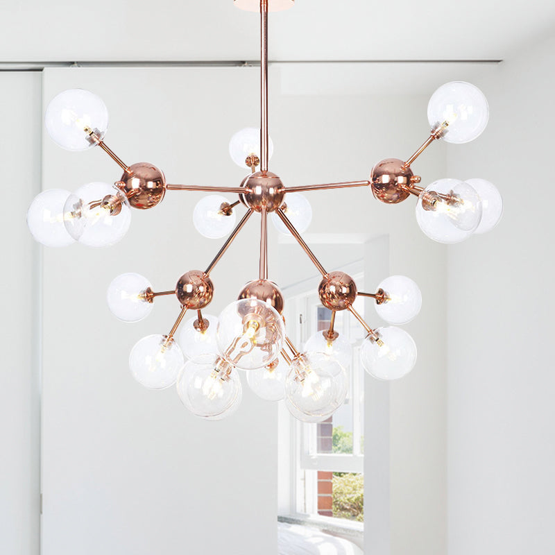 Vintage Copper Chandelier with Clear/Amber Glass Orb Shades - 3/9/12 Lights, Branch Design - 13"/27.5"/34" W