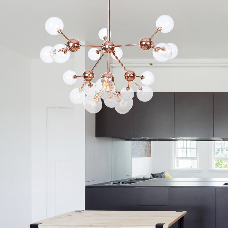 Vintage Copper Chandelier with Clear/Amber Glass Orb Shades - 3/9/12 Lights, Branch Design - 13"/27.5"/34" W