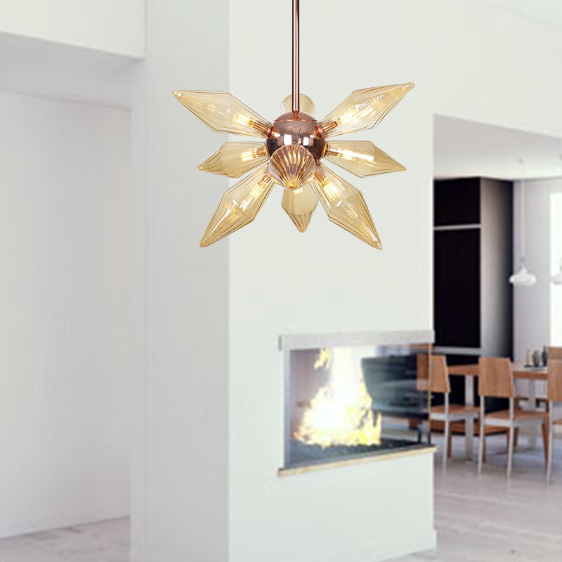Lustre en verre transparent/ambre Sputnik - 9/12/15 ampoules - Finition laiton/cuivre - Luminaire de salon