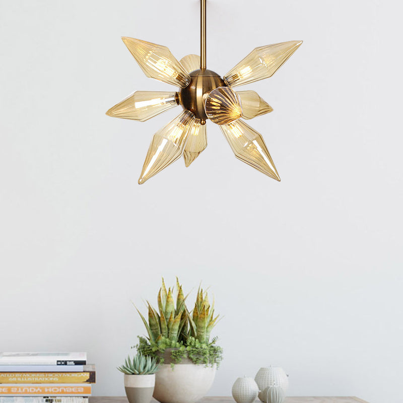 Lustre en verre transparent/ambre Sputnik - 9/12/15 ampoules - Finition laiton/cuivre - Luminaire de salon