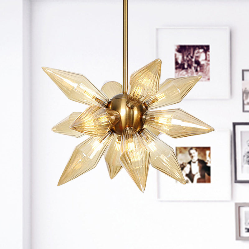 Lustre en verre transparent/ambre Sputnik - 9/12/15 ampoules - Finition laiton/cuivre - Luminaire de salon