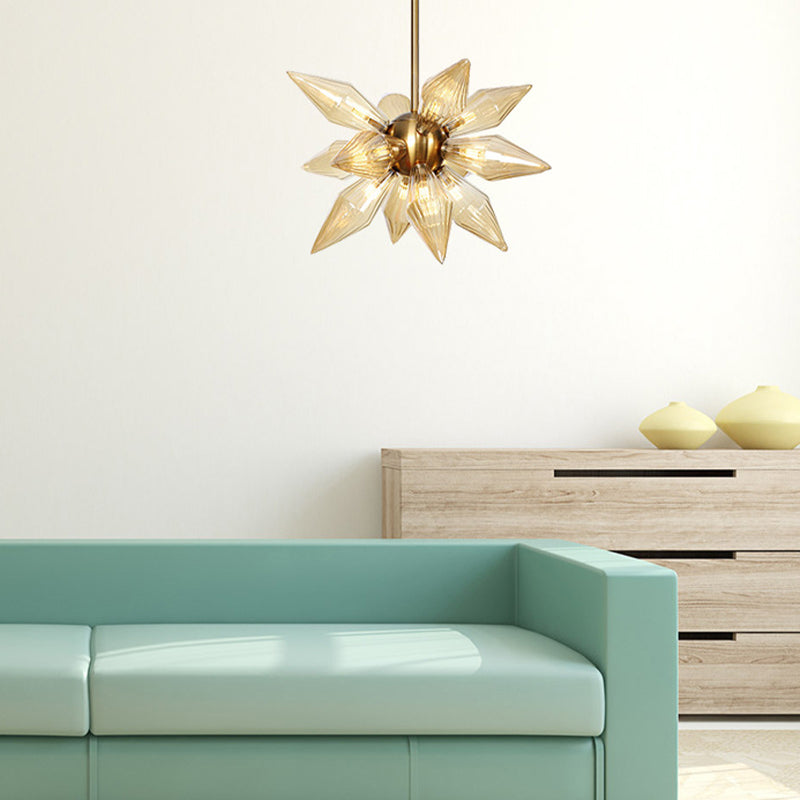 Lustre en verre transparent/ambre Sputnik - 9/12/15 ampoules - Finition laiton/cuivre - Luminaire de salon