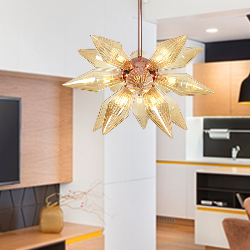 Lustre en verre transparent/ambre Sputnik - 9/12/15 ampoules - Finition laiton/cuivre - Luminaire de salon