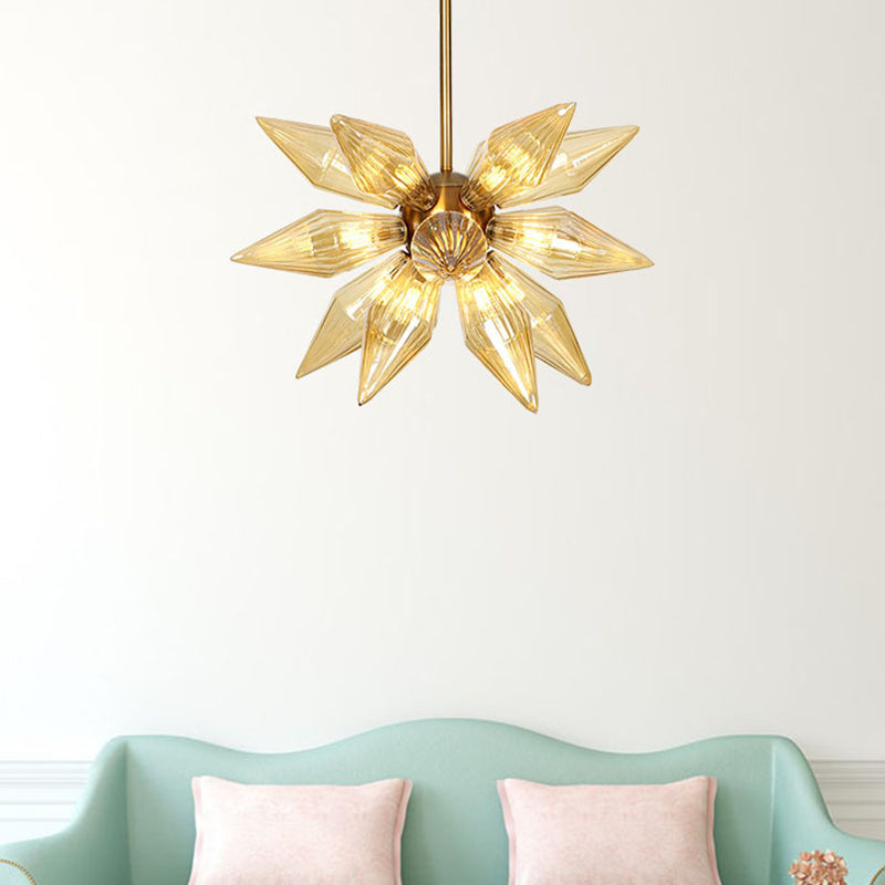Lustre en verre transparent/ambre Sputnik - 9/12/15 ampoules - Finition laiton/cuivre - Luminaire de salon